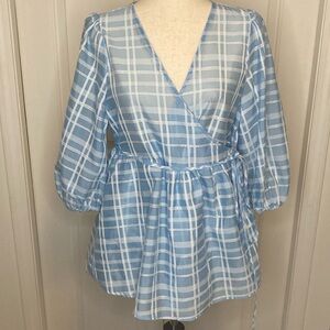 Future Collective Karefa-Johnson Blue and white window pane sheer top Medium